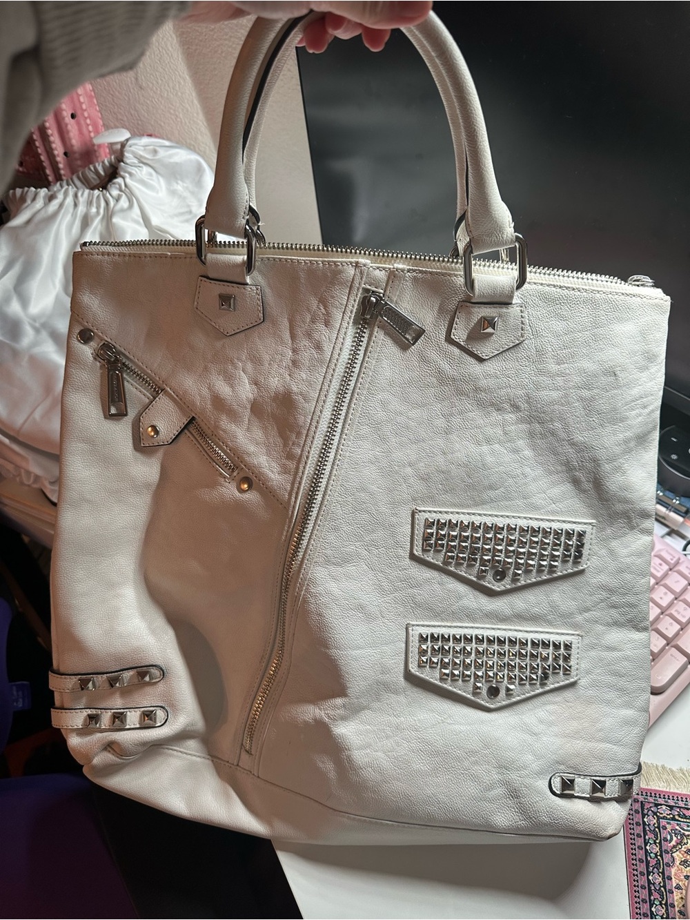 Rebecca Minkoff - White Studded Tote Bag with Silver Hardware -